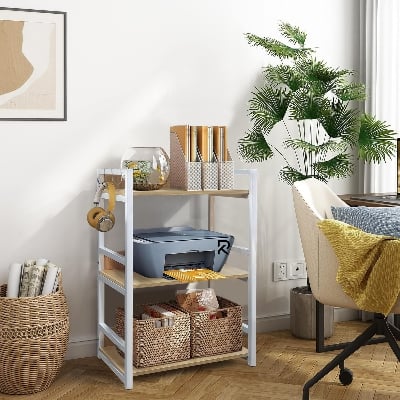 Picture of RK 3 Layer Multifunctional  Metal Rack | Kitchen Storage Shelf, Microwave Stand, Cosmetic Shelf Rack | Floor-Mount Shelf with Black Pipe Design | Crafted with Engineered Wood  &  Metal-White  &  Beige  Finish