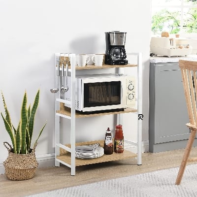Picture of RK 3 Layer Multifunctional  Metal Rack | Kitchen Storage Shelf, Microwave Stand, Cosmetic Shelf Rack | Floor-Mount Shelf with Black Pipe Design | Crafted with Engineered Wood  &  Metal-White  &  Beige  Finish