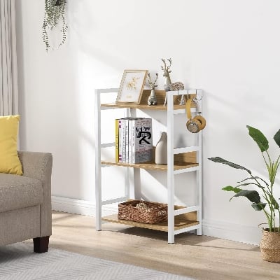 Picture of RK 3 Layer Multifunctional  Metal Rack | Kitchen Storage Shelf, Microwave Stand, Cosmetic Shelf Rack | Floor-Mount Shelf with Black Pipe Design | Crafted with Engineered Wood  &  Metal-White  &  Beige  Finish
