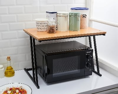 Picture of Indulge Durablity - Premium Quality RK Multifunctional Rack | Kitchen Storage Shelf, Microwave Stand, Cosmetic Shelf Rack | Floor-Mount Shelf with Black Pipe Design | Crafted with Engineered Wood & Metal-Black-Gold
