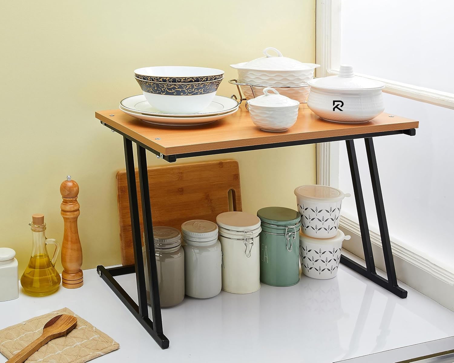 Picture of Indulge Durablity - Premium Quality RK Multifunctional Rack | Kitchen Storage Shelf, Microwave Stand, Cosmetic Shelf Rack | Floor-Mount Shelf with Black Pipe Design | Crafted with Engineered Wood & Metal-Black-Gold