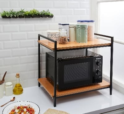 Picture of Indulge Durablity - Premium Quality RK  2 Layer Multifunctional Rack | Kitchen Storage Shelf, Microwave Stand, Cosmetic Shelf Rack | Floor-Mount Shelf with Black Pipe Design | Crafted with Engineered Wood & Metal-Black-Gold