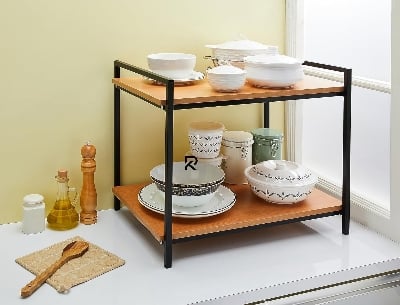 Picture of Indulge Durablity - Premium Quality RK  2 Layer Multifunctional Rack | Kitchen Storage Shelf, Microwave Stand, Cosmetic Shelf Rack | Floor-Mount Shelf with Black Pipe Design | Crafted with Engineered Wood & Metal-Black-Gold