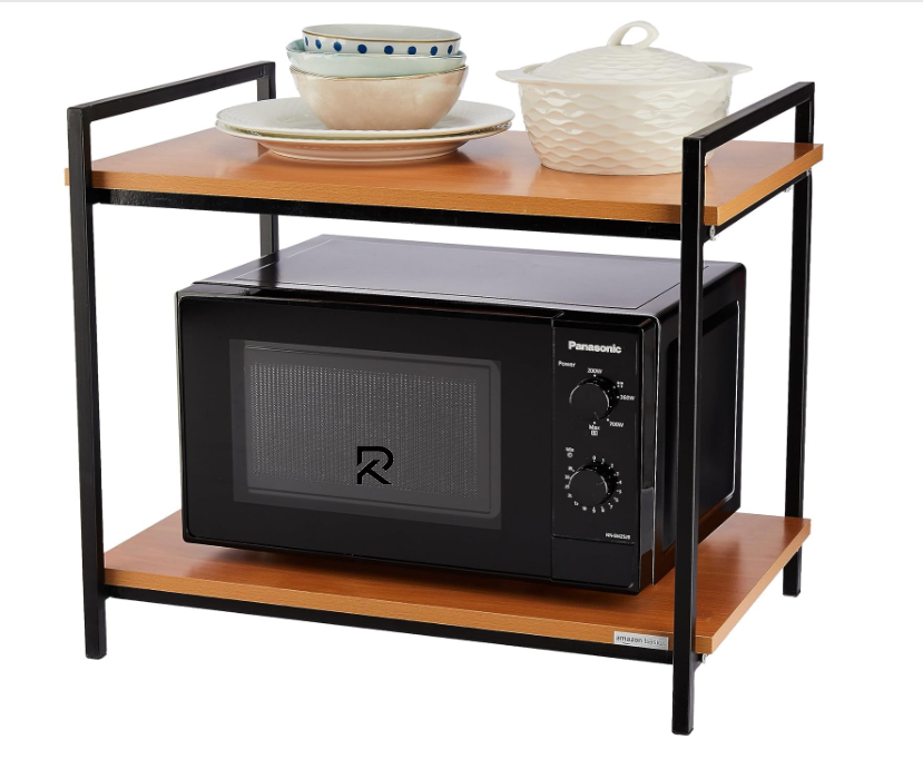 Picture of Indulge Durablity - Premium Quality RK  2 Layer Multifunctional Rack | Kitchen Storage Shelf, Microwave Stand, Cosmetic Shelf Rack | Floor-Mount Shelf with Black Pipe Design | Crafted with Engineered Wood & Metal-Black-Gold