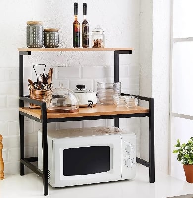 Picture of RK Modern & Trendy 3-Layer Microwave Stand, Otg Stand, Microwave Oven Rack, Kitchen Storage Shelf (Walnut Brown & Black Pipe, Alloy Steel; Engineered Wood, Tiered Shelf)-Beige-Black