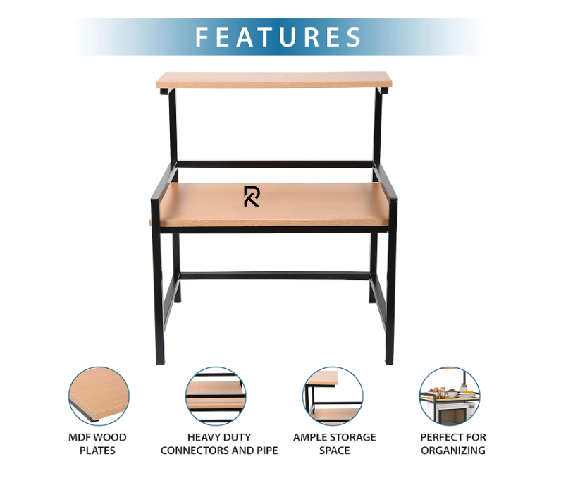 Picture of RK Modern & Trendy 3-Layer Microwave Stand, Otg Stand, Microwave Oven Rack, Kitchen Storage Shelf (Walnut Brown & Black Pipe, Alloy Steel; Engineered Wood, Tiered Shelf)-Beige-Black