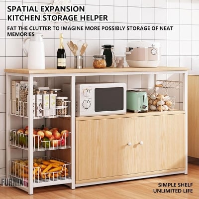 Picture of Stylish Multi-Layer Kitchen Storage Shelf with Cabinet Doors – Space-Saving Organizer Rack for Mesh Baskets, Closets & Pantry Shelving