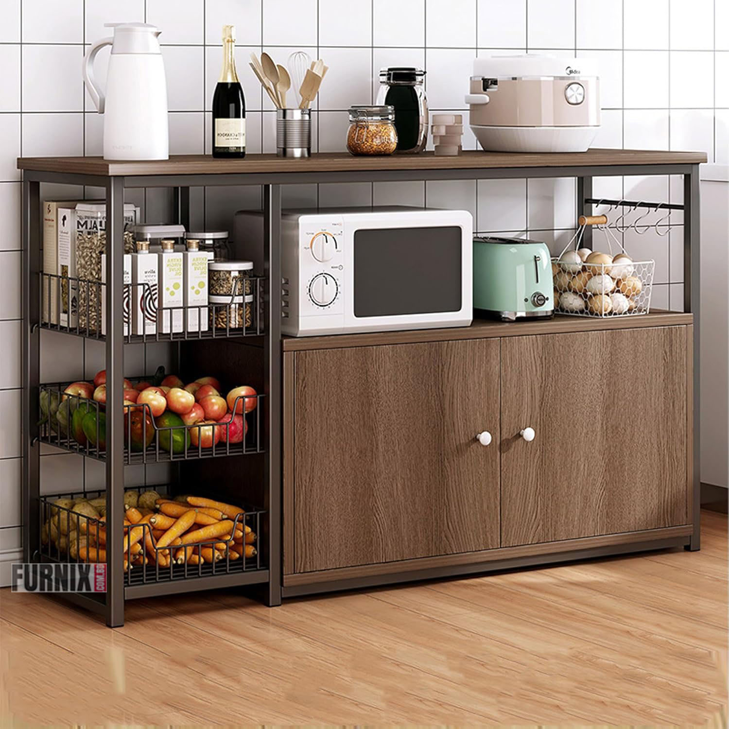 Picture of Stylish Multi-Layer Kitchen Storage Shelf with Cabinet Doors – Space-Saving Organizer Rack for Mesh Baskets, Closets & Pantry Shelving