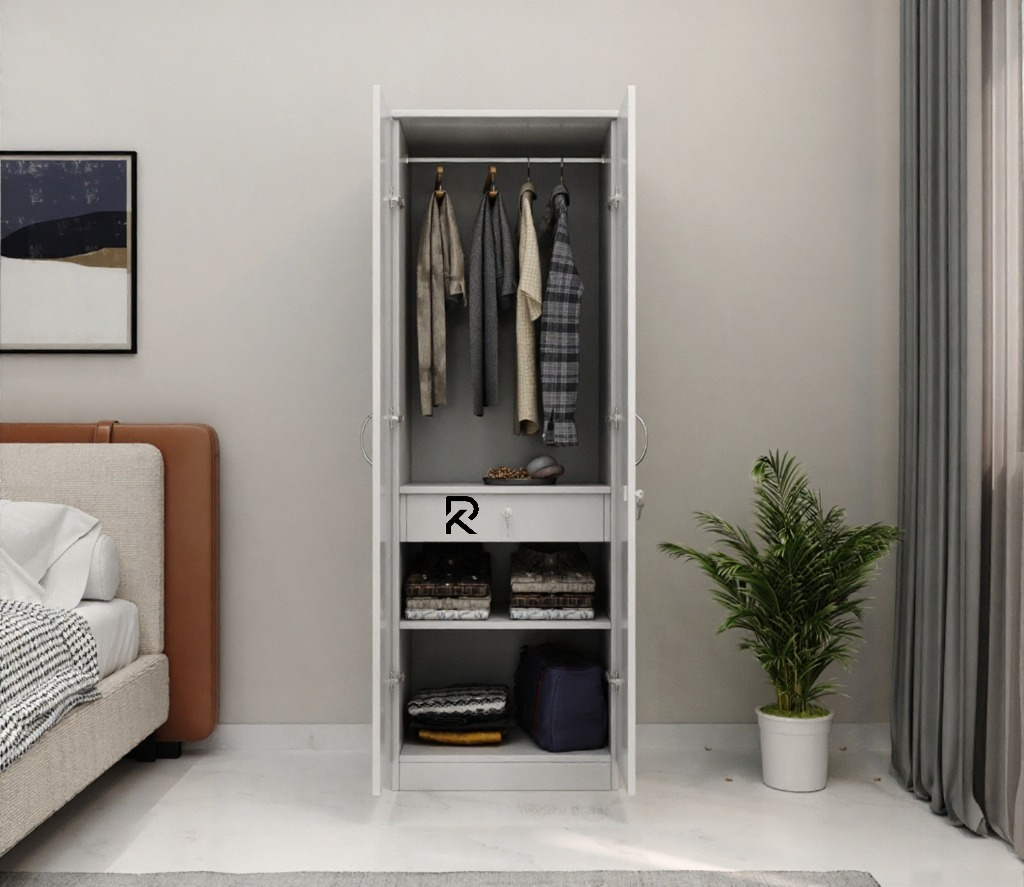 Picture of RK 2 Door Almirah or Wardrobe with Drawer Storage and Hanging Rod (Frosty White and Antique Finish)