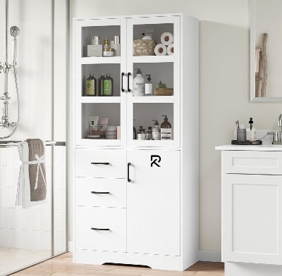 Picture of RK  Storage Cabinet with Glass Display Doors and Shelves, Modern Tall Cabinet with 3 Drawers, Linen Cabinet Freestanding for Bathroom, Pantry, Kitchen and Dining Living Room, White and Black Finish
