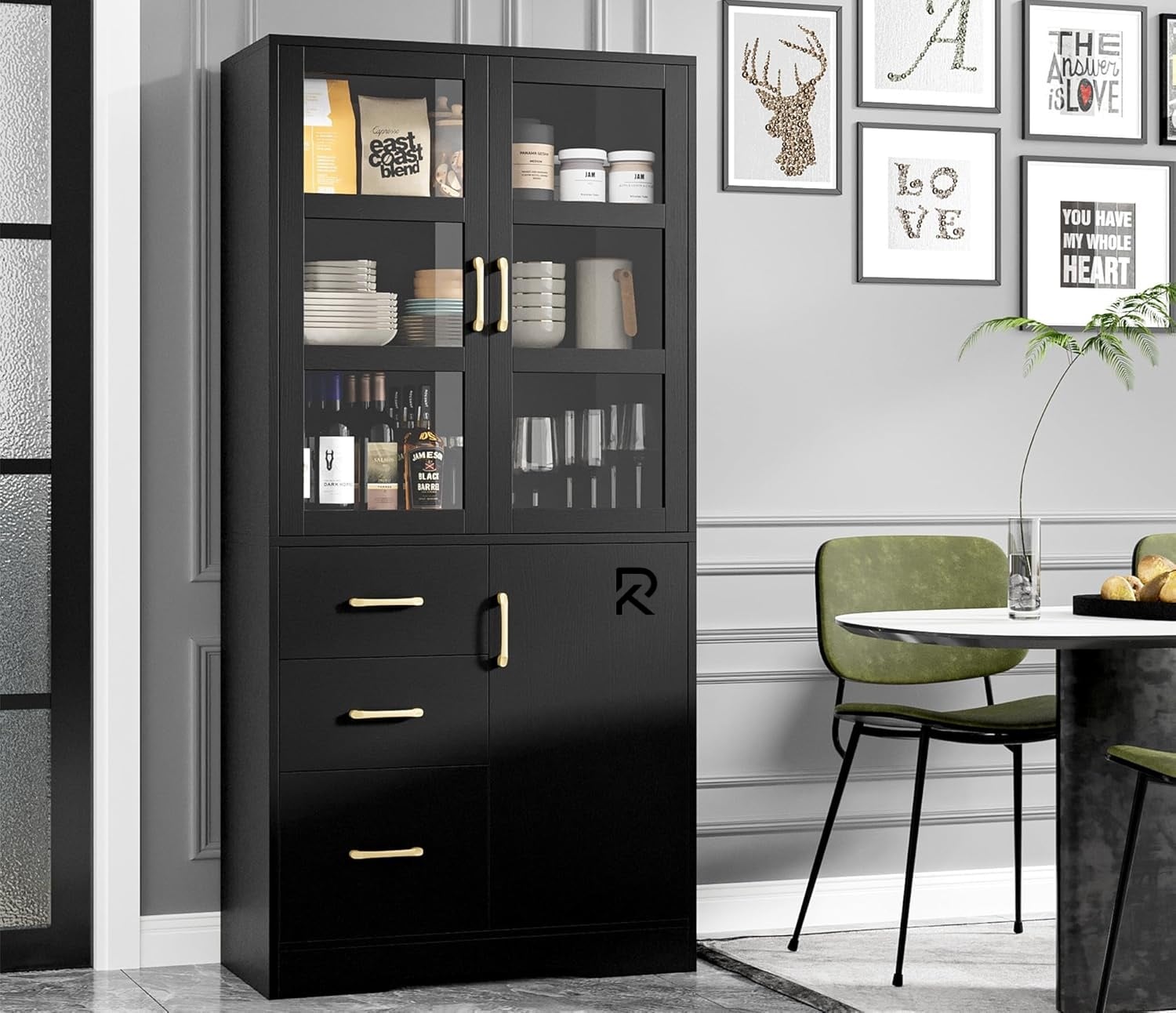 Picture of RK  Storage Cabinet with Glass Display Doors and Shelves, Modern Tall Cabinet with 3 Drawers, Linen Cabinet Freestanding for Bathroom, Pantry, Kitchen and Dining Living Room, White and Black Finish