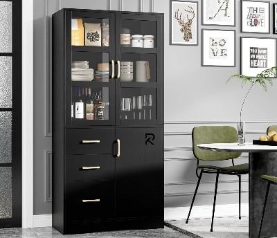 Picture of RK  Storage Cabinet with Glass Display Doors and Shelves, Modern Tall Cabinet with 3 Drawers, Linen Cabinet Freestanding for Bathroom, Pantry, Kitchen and Dining Living Room, White and Black Finish
