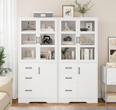 Picture of RK  Storage Cabinet with Glass Display Doors and Shelves, Modern Tall Cabinet with 3 Drawers, Linen Cabinet Freestanding for Bathroom, Pantry, Kitchen and Dining Living Room, White and Black Finish