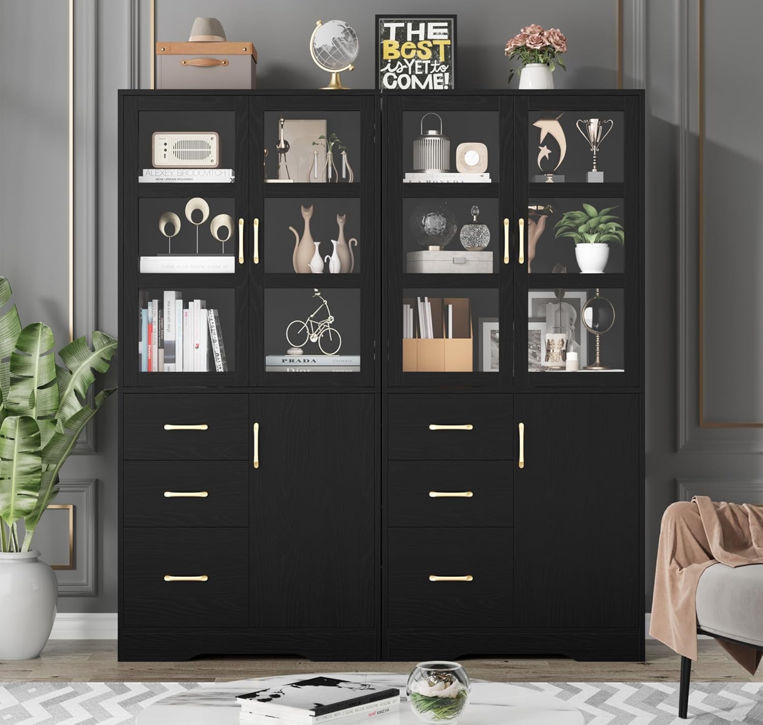 Picture of RK  Storage Cabinet with Glass Display Doors and Shelves, Modern Tall Cabinet with 3 Drawers, Linen Cabinet Freestanding for Bathroom, Pantry, Kitchen and Dining Living Room, White and Black Finish