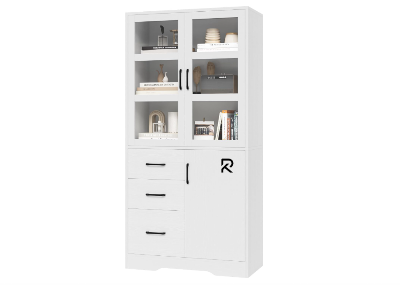 Picture of RK  Storage Cabinet with Glass Display Doors and Shelves, Modern Tall Cabinet with 3 Drawers, Linen Cabinet Freestanding for Bathroom, Pantry, Kitchen and Dining Living Room, White and Black Finish