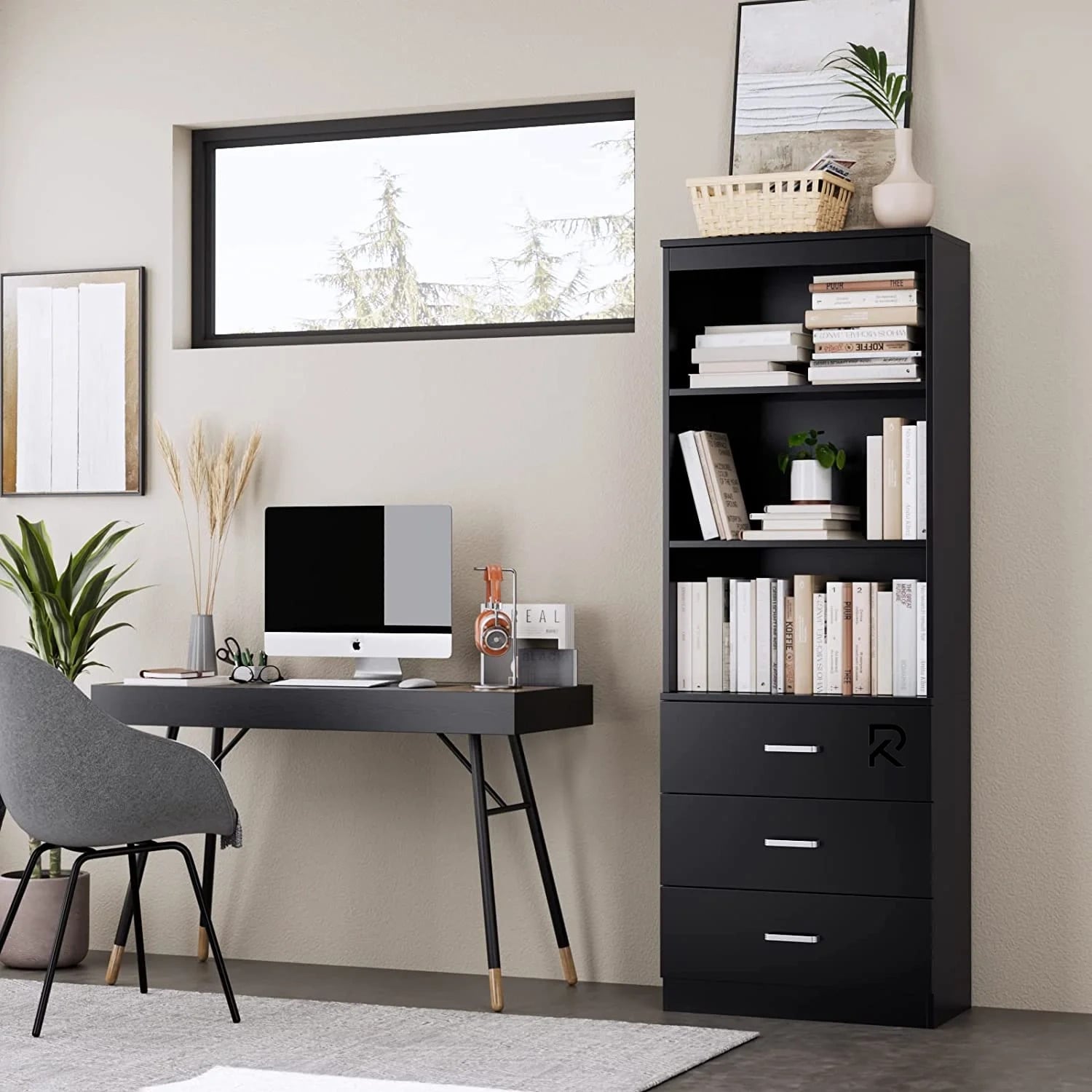 Picture of Exceptional Choice RK Bookcases with 3 Large Drawers, 3 Tier Wooden Storage Bookshelf for Living Room Home Office