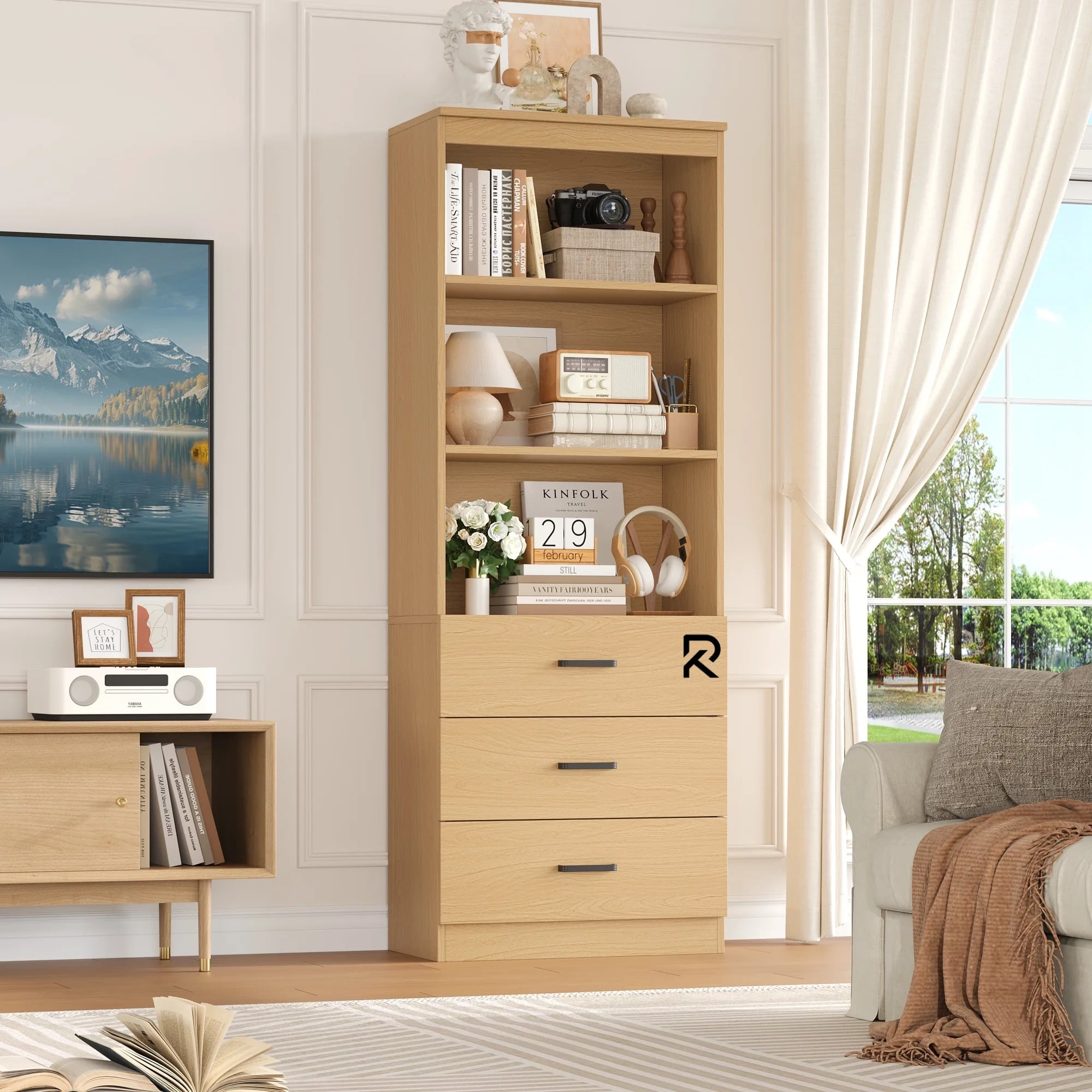 Picture of Exceptional Choice RK Bookcases with 3 Large Drawers, 3 Tier Wooden Storage Bookshelf for Living Room Home Office