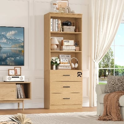 Picture of Exceptional Choice RK Bookcases with 3 Large Drawers, 3 Tier Wooden Storage Bookshelf for Living Room Home Office