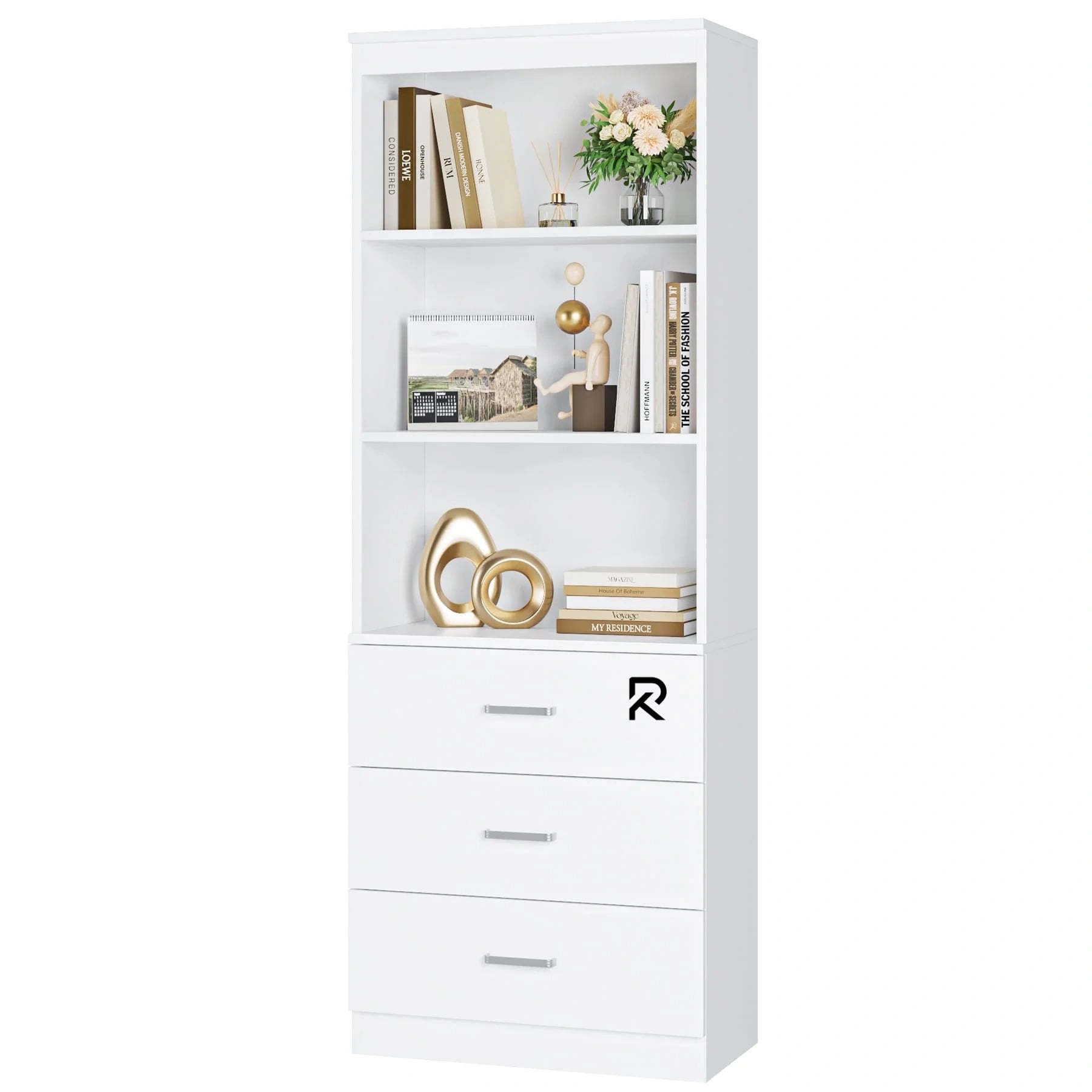 Picture of Exceptional Choice RK Bookcases with 3 Large Drawers, 3 Tier Wooden Storage Bookshelf for Living Room Home Office