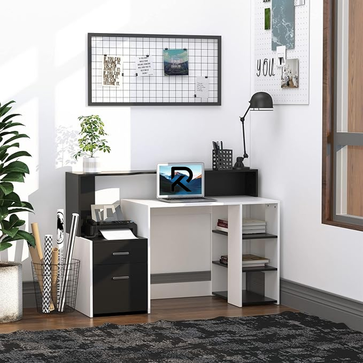 Picture of RK Exceptional Choice Computer Desk Study Table Modern Home Office Writing Workstation Furniture Printer Shelf Rack & Storage Drawer & Shelves