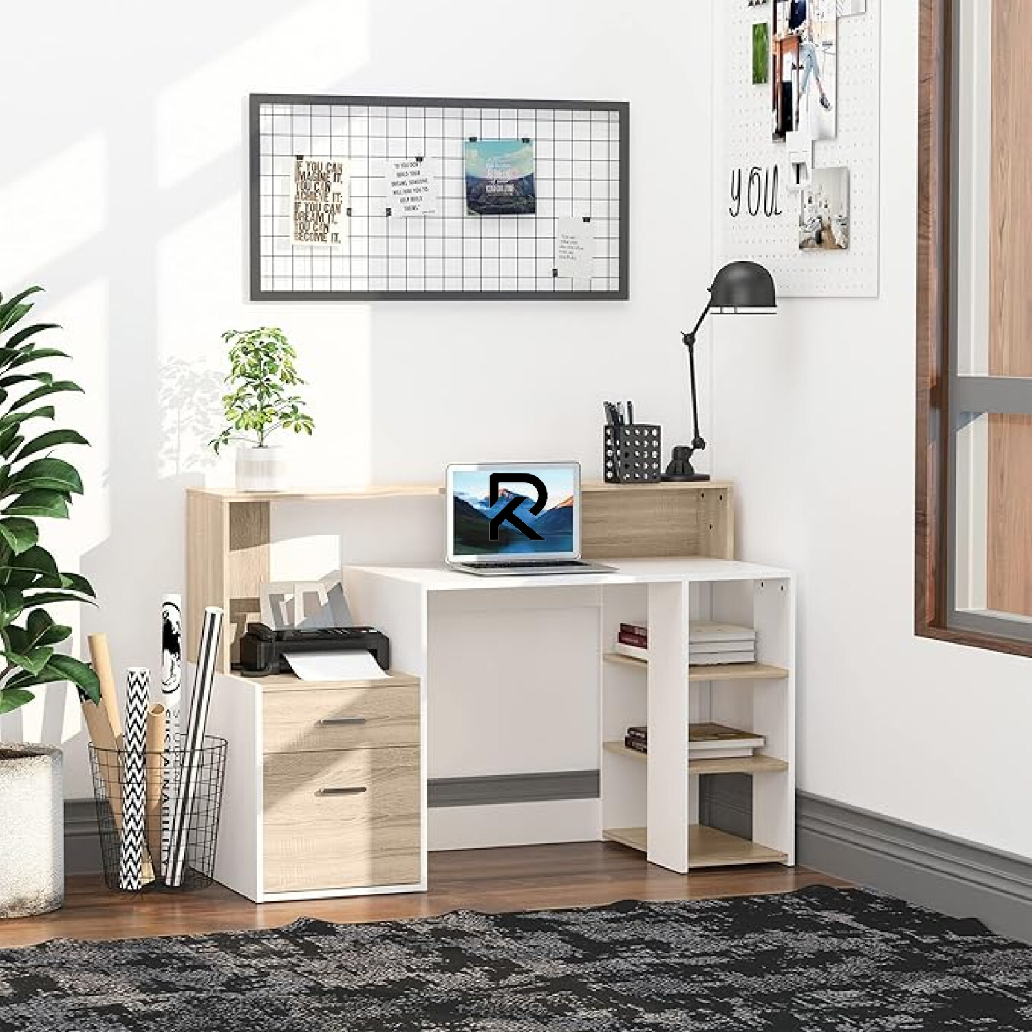 Picture of RK Exceptional Choice Computer Desk Study Table Modern Home Office Writing Workstation Furniture Printer Shelf Rack & Storage Drawer & Shelves