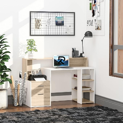Picture of RK Exceptional Choice Computer Desk Study Table Modern Home Office Writing Workstation Furniture Printer Shelf Rack & Storage Drawer & Shelves
