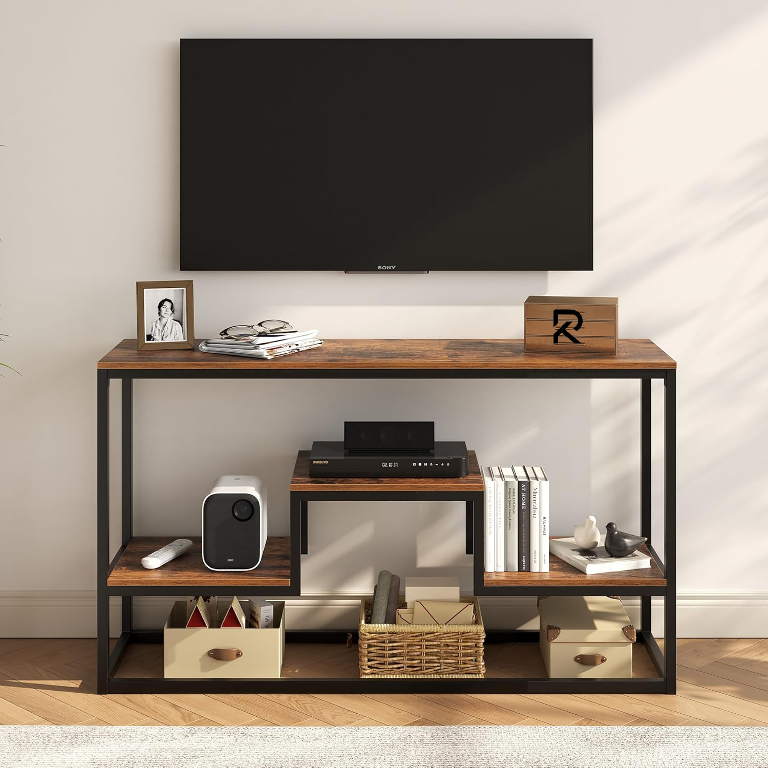 Picture of RK TV Stand for TVs , TV Console Table with 3-Tier Open Storage Shelves, Modern Industrial Entertainment Center for Living Room, Bedroom, Black