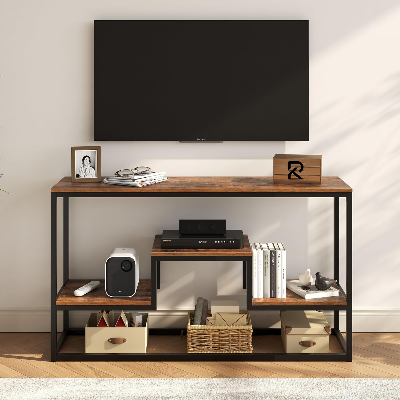 Picture of RK TV Stand for TVs , TV Console Table with 3-Tier Open Storage Shelves, Modern Industrial Entertainment Center for Living Room, Bedroom, Black