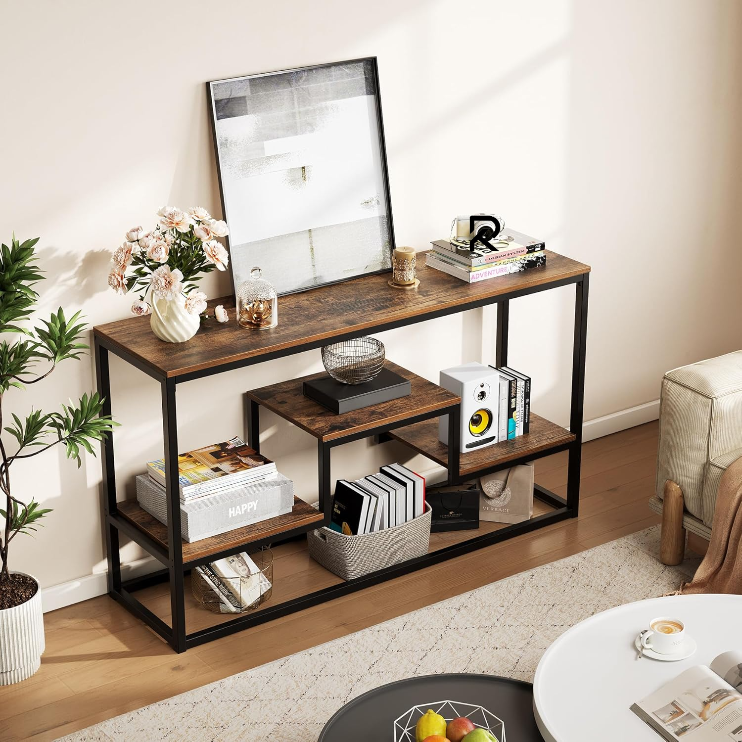 Picture of RK TV Stand for TVs , TV Console Table with 3-Tier Open Storage Shelves, Modern Industrial Entertainment Center for Living Room, Bedroom, Black