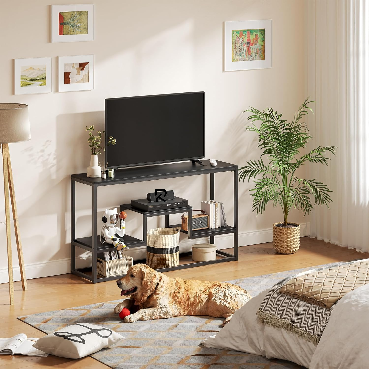 Picture of RK TV Stand for TVs , TV Console Table with 3-Tier Open Storage Shelves, Modern Industrial Entertainment Center for Living Room, Bedroom, Black