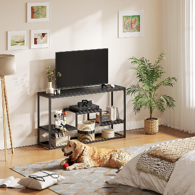 Picture of RK TV Stand for TVs , TV Console Table with 3-Tier Open Storage Shelves, Modern Industrial Entertainment Center for Living Room, Bedroom, Black