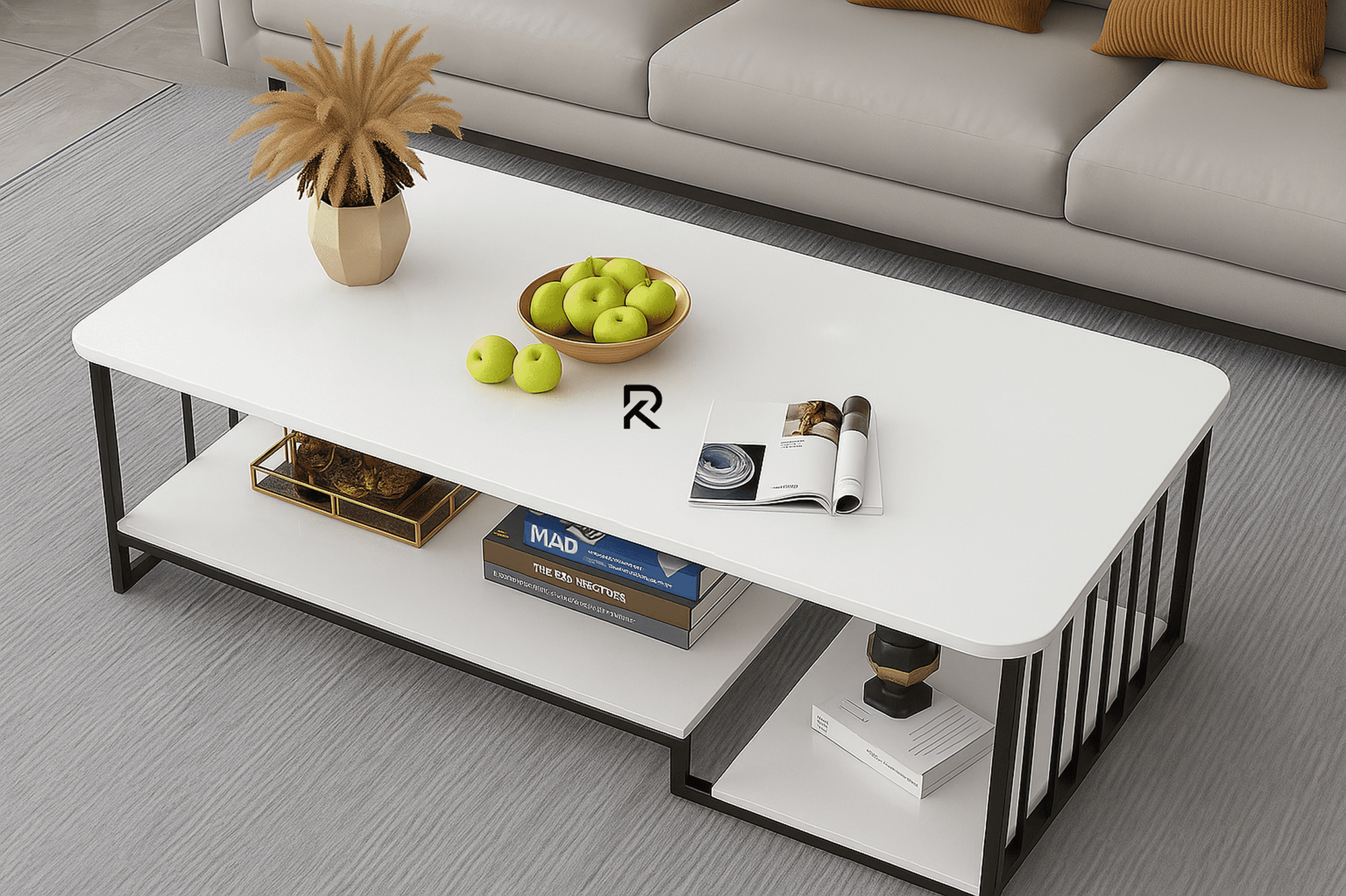 Picture of RK Modern Minimalist Coffee Table with Dual-Tier Storage Shelves and Metal Frame – Stylish and Durable Center Table for Living Room, Elegant Design