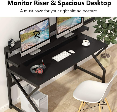 Picture of RK Office Desk with Monitor Stand – Large Modern Computer Desk, Gaming Table, Study & Writing Workstation with Hutch for Home & Office