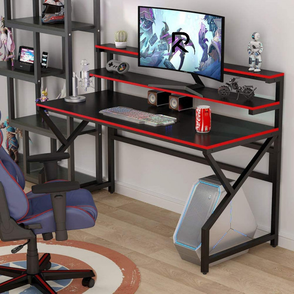 Picture of RK Office Desk with Monitor Stand – Large Modern Computer Desk, Gaming Table, Study & Writing Workstation with Hutch for Home & Office