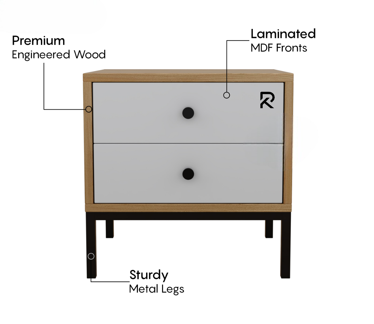 Picture of RK Contemporary Nightstand – MDF Laminated Bedside Table with Sleek Metal Frame and 2 Drawers
