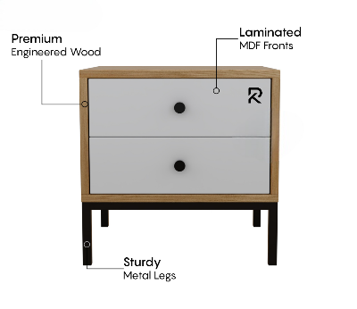Picture of RK Contemporary Nightstand – MDF Laminated Bedside Table with Sleek Metal Frame and 2 Drawers
