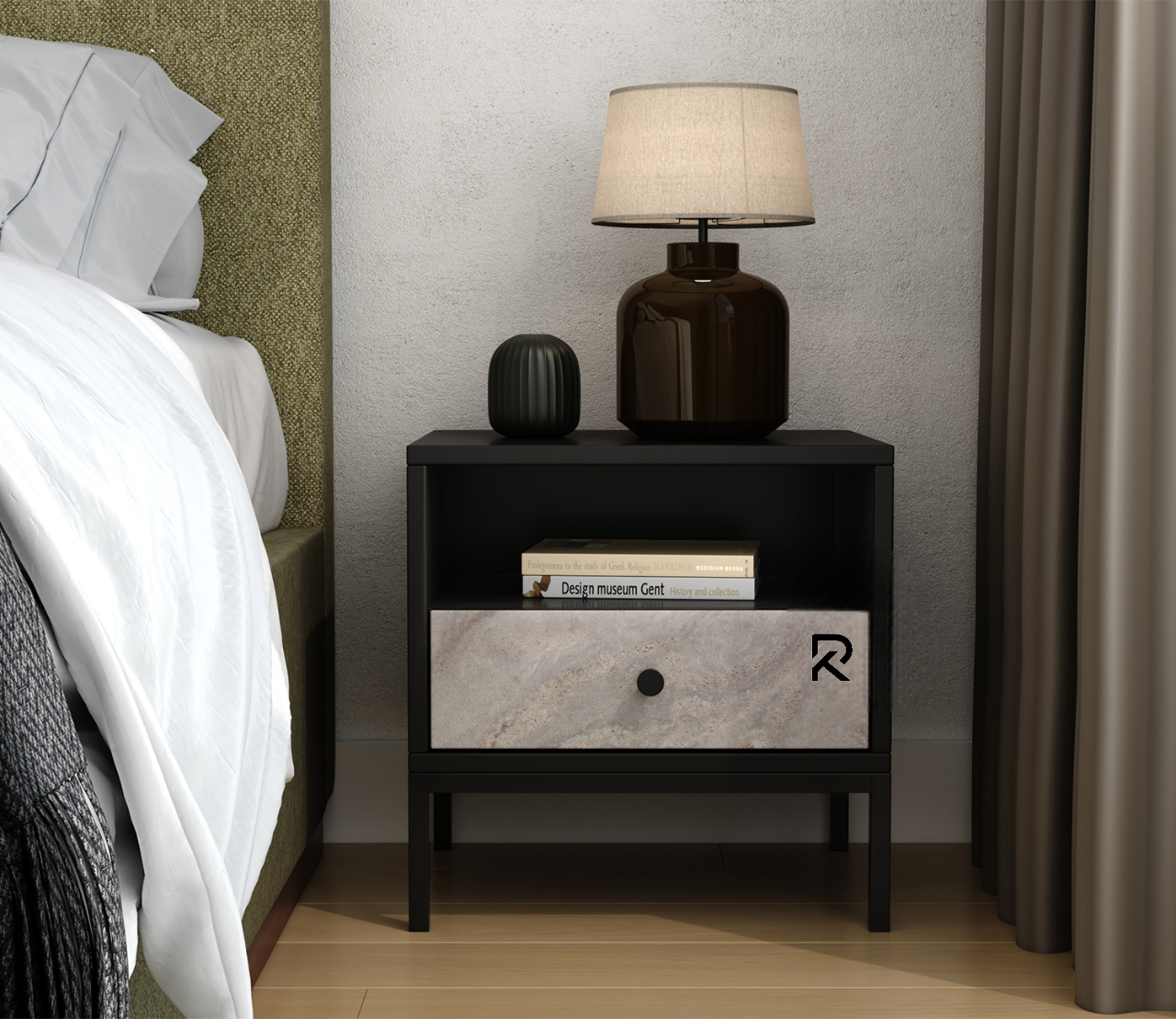 Picture of RK Contemporary Nightstand – MDF Laminated Bedside Table with Sleek Metal Frame and 1 Drawers