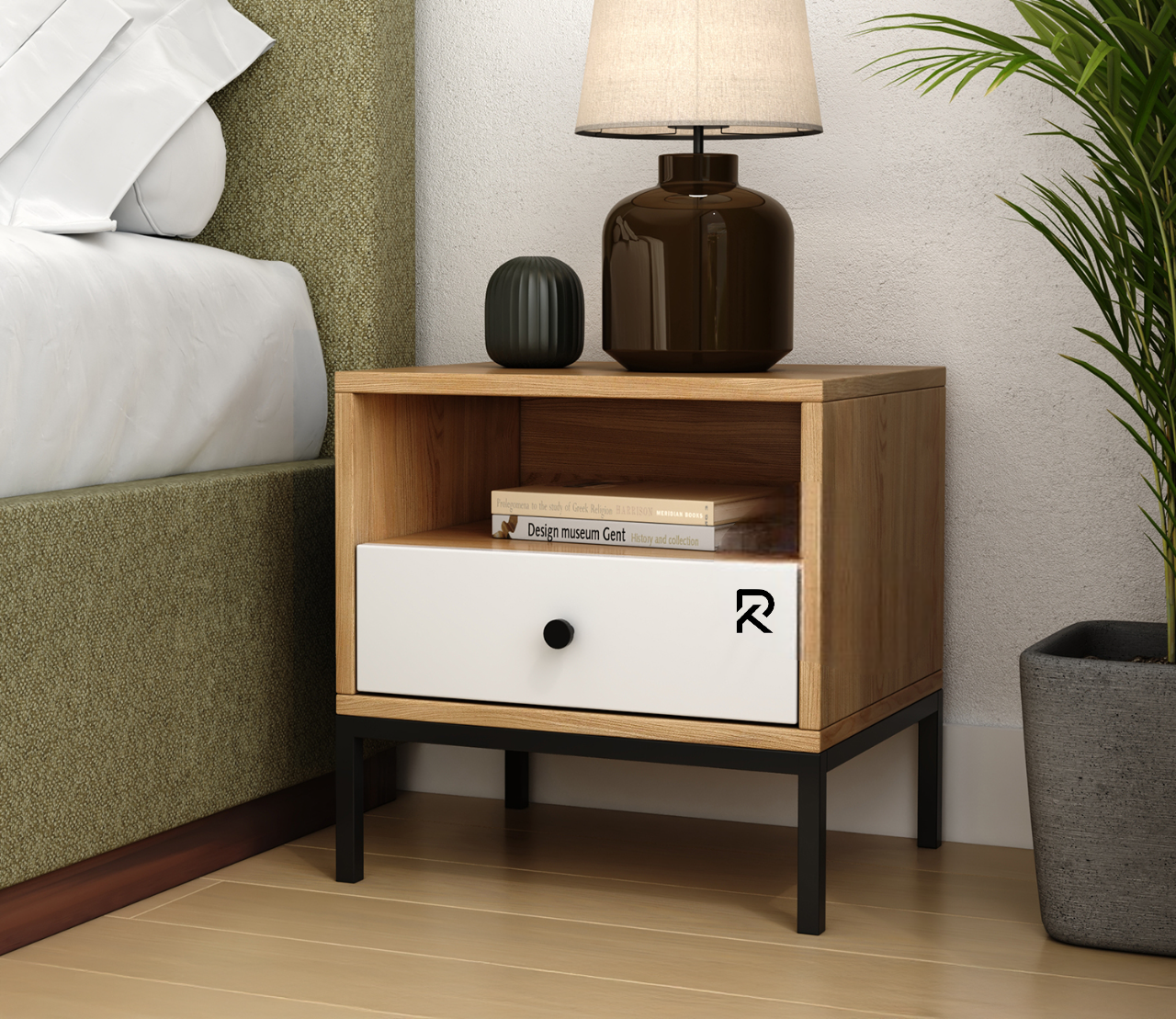 Picture of RK Contemporary Nightstand – MDF Laminated Bedside Table with Sleek Metal Frame and 1 Drawers