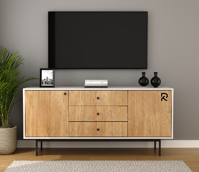 Picture of RK Stylish Metal TV Stand with Storage Shelves – Contemporary Wooden Cabinet with 3 Drawers