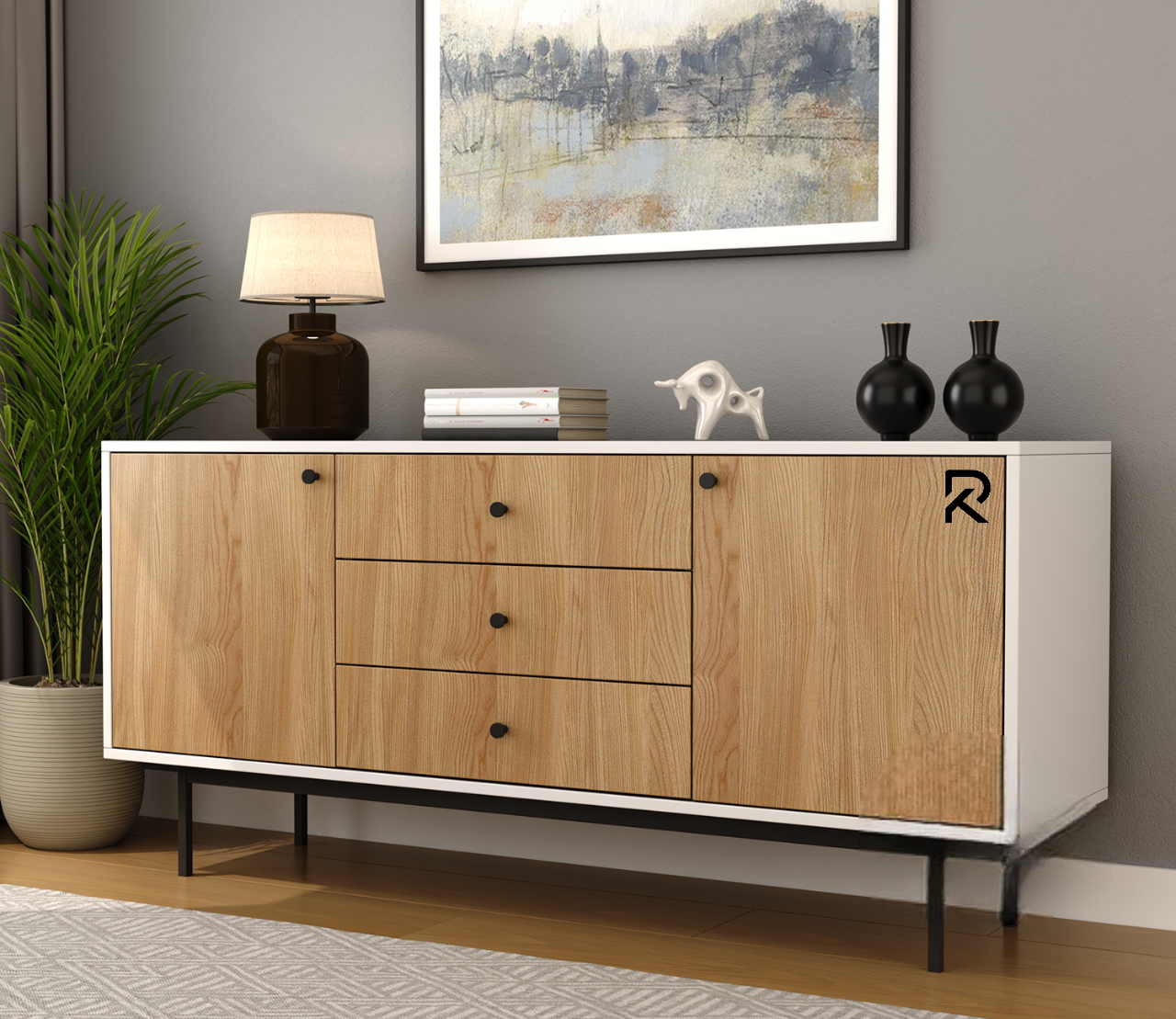 Picture of RK Stylish Metal TV Stand with Storage Shelves – Contemporary Wooden Cabinet with 3 Drawers