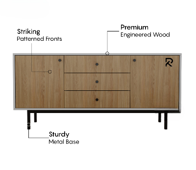 Picture of RK Stylish Metal TV Stand with Storage Shelves – Contemporary Wooden Cabinet with 3 Drawers