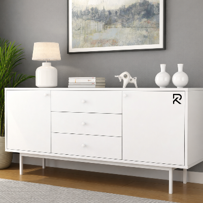 Picture of RK Stylish Metal TV Stand with Storage Shelves – Contemporary Wooden Cabinet with 3 Drawers