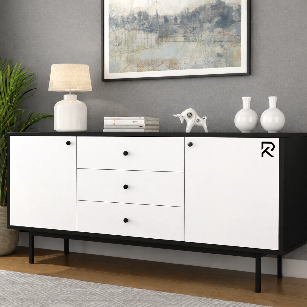 Picture of RK Stylish Metal TV Stand with Storage Shelves – Contemporary Wooden Cabinet with 3 Drawers