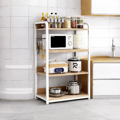 Picture of 4-Tier Kitchen Storage Rack | Black Metal Frame with White Boards | Microwave & Appliance Shelf Organize by Furnix.com.bd