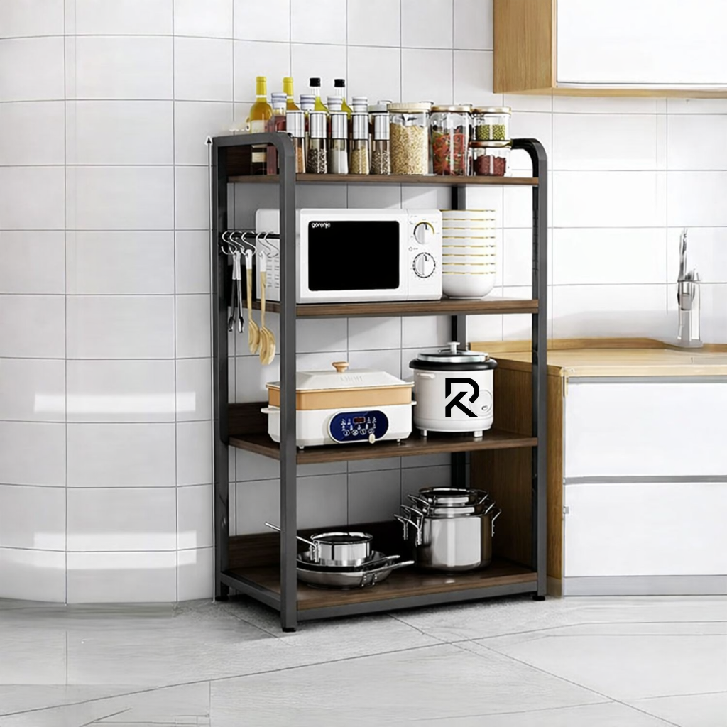 Picture of 4-Tier Kitchen Storage Rack | Black Metal Frame with White Boards | Microwave & Appliance Shelf Organize by Furnix.com.bd