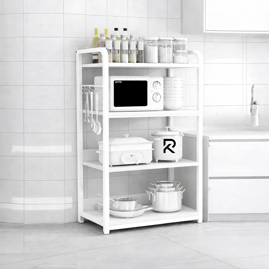 Picture of 4-Tier Kitchen Storage Rack | Black Metal Frame with White Boards | Microwave & Appliance Shelf Organize by Furnix.com.bd