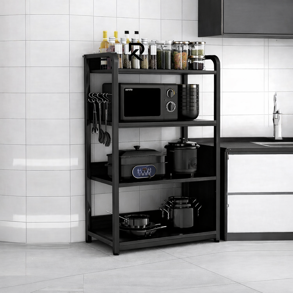 Picture of 4-Tier Kitchen Storage Rack | Black Metal Frame with White Boards | Microwave & Appliance Shelf Organize by Furnix.com.bd