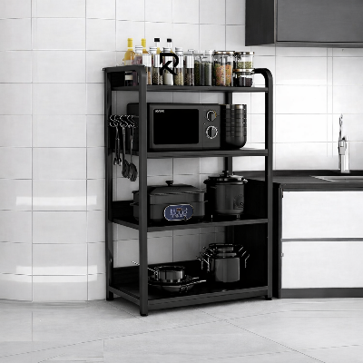 Picture of 4-Tier Kitchen Storage Rack | Black Metal Frame with White Boards | Microwave & Appliance Shelf Organize by Furnix.com.bd