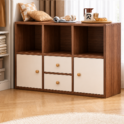 Picture of RK Engineered Wood 6 Layers Bookshelf Storage Cabinet Organizer Shelf Horizontal Multi Storage Space Wooden Rack Display Shelf With 2 Drawers.Size: L36XH24X10