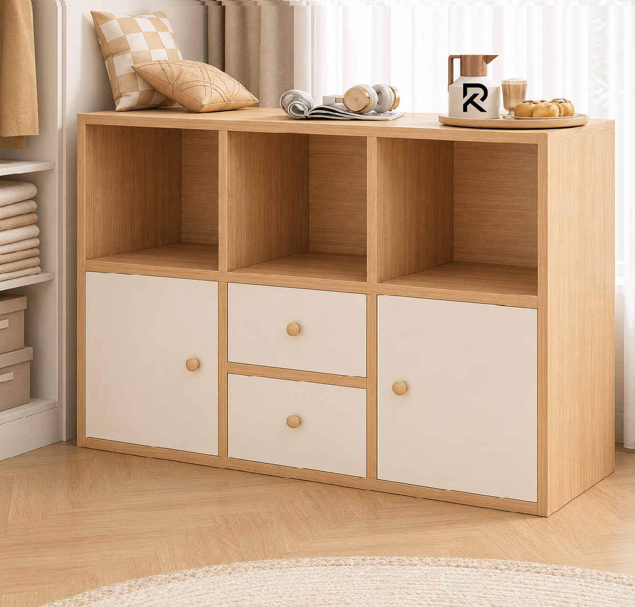 Picture of RK Engineered Wood 6 Layers Bookshelf Storage Cabinet Organizer Shelf Horizontal Multi Storage Space Wooden Rack Display Shelf With 2 Drawers.Size: L36XH24X10